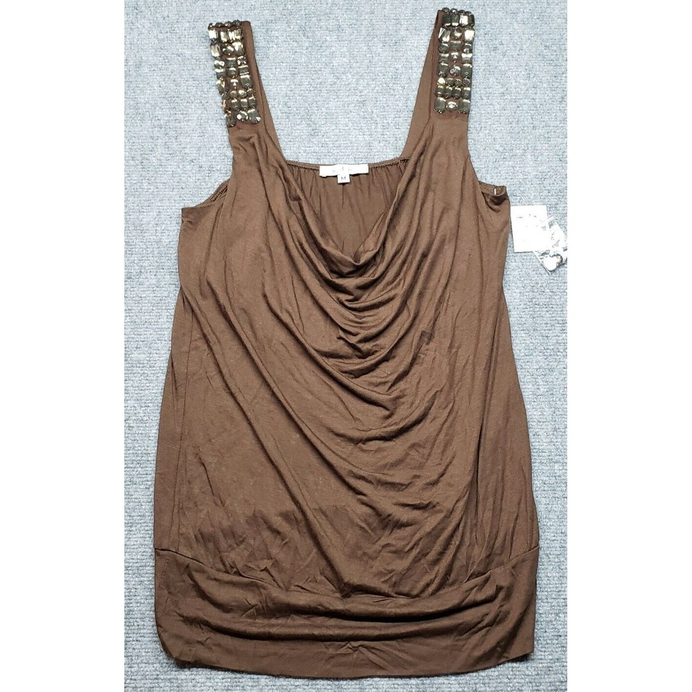 Moa Moa Blouse Womens M Dark Brown Solid Sleeveless Rhinestones Cowl Neck New